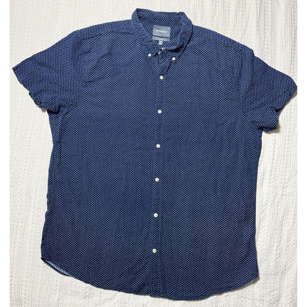 Bonobos Dark Blue Floral XXL Long Standard Fit Short Sleeve Button Down Shirt B3